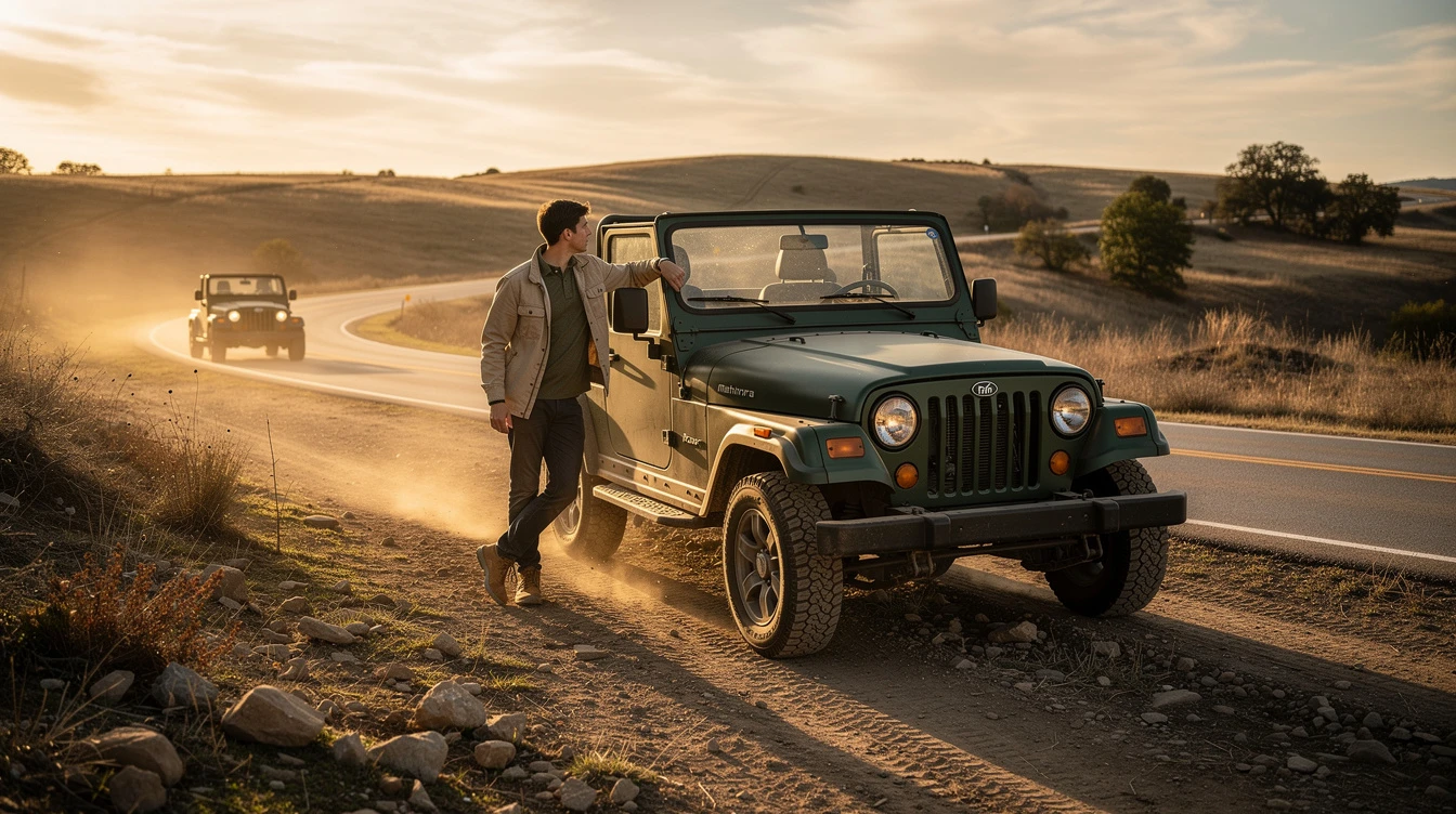 Mahindra Roxor open-air vehicle parked on dusty rural road with driver standing beside it during sunset drive adventure.