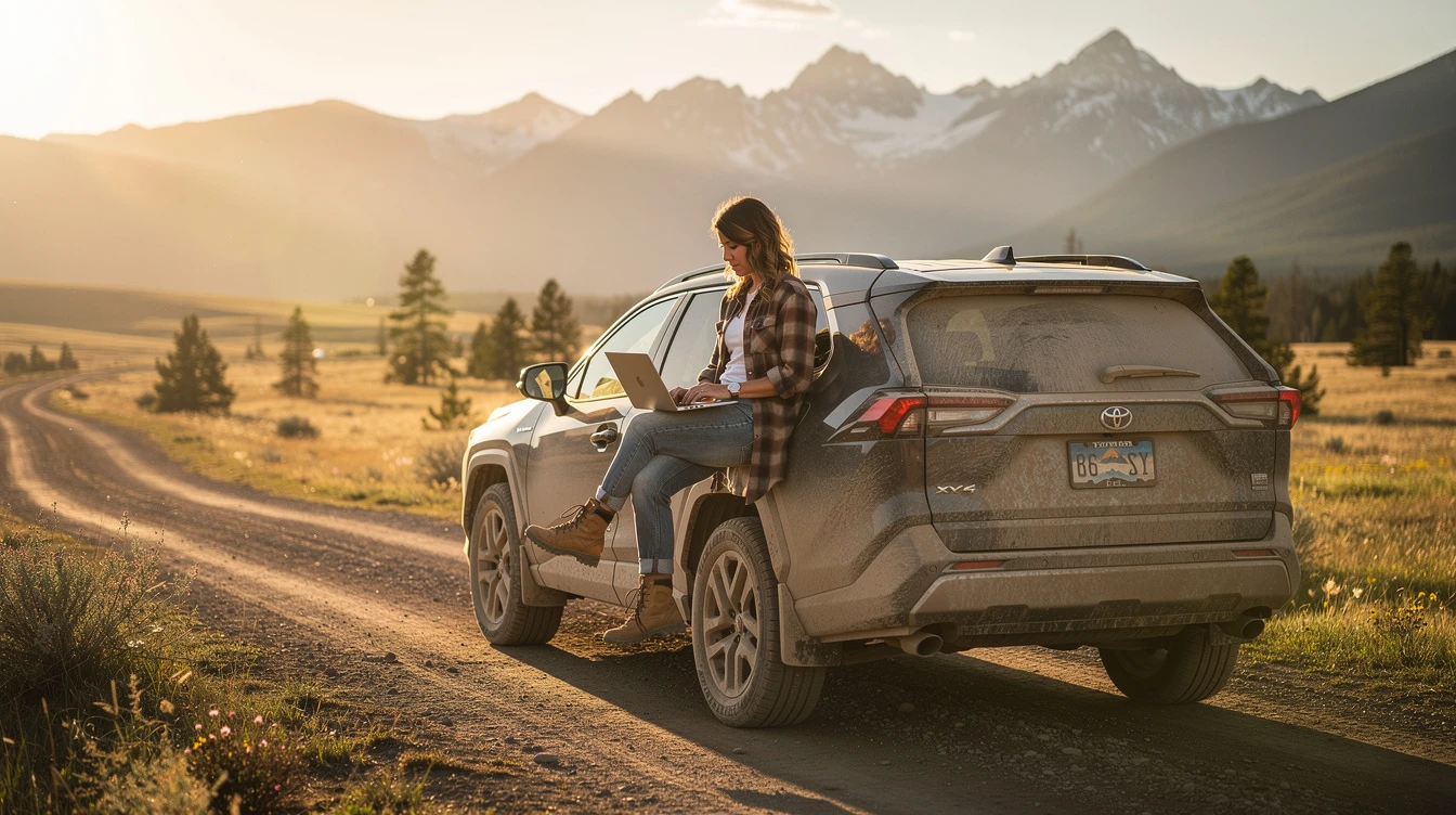 Woman with laptop sitting in Toyota SUV on dirt road with mountain landscape