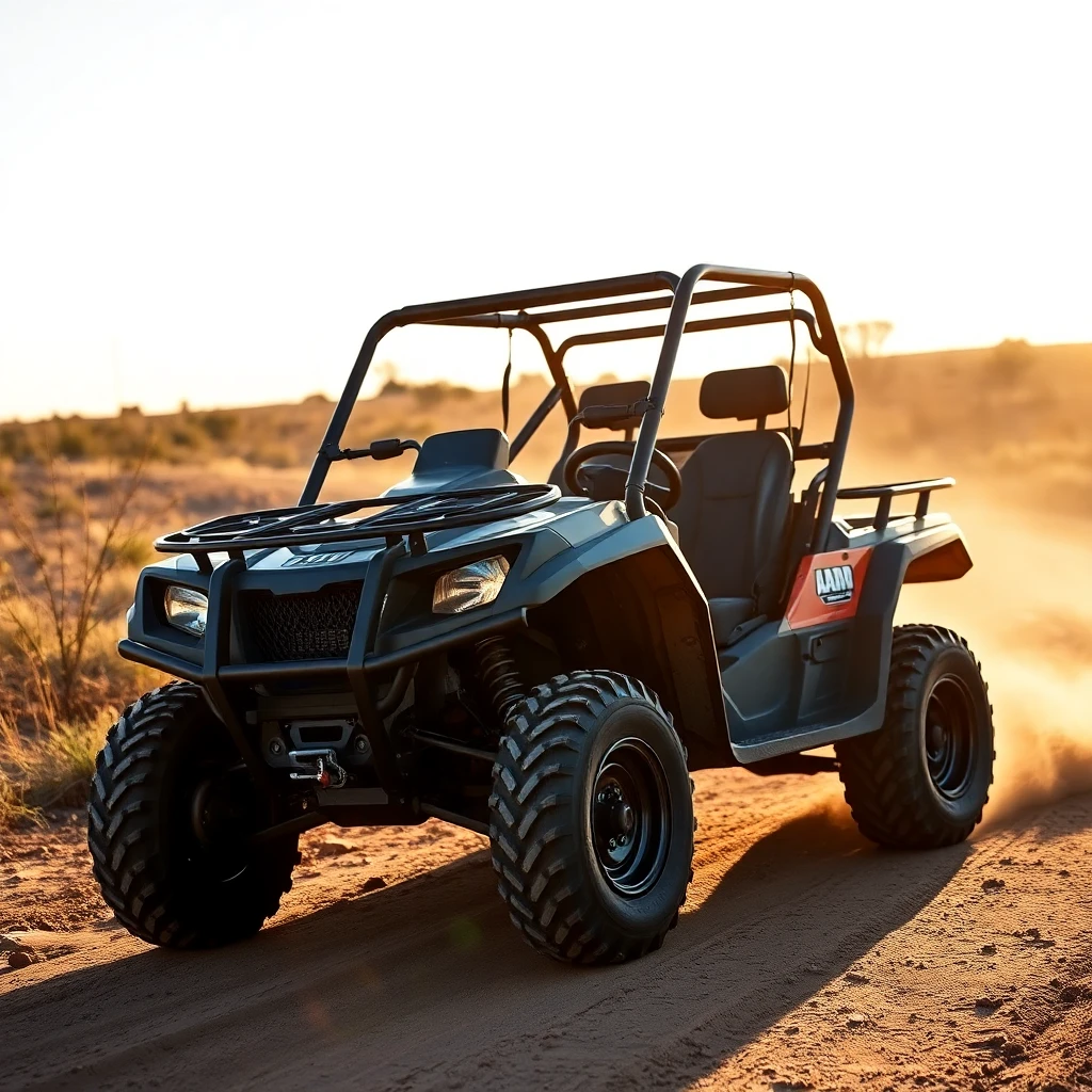 Blue and red UTV on desert trail with safety cage and headlights