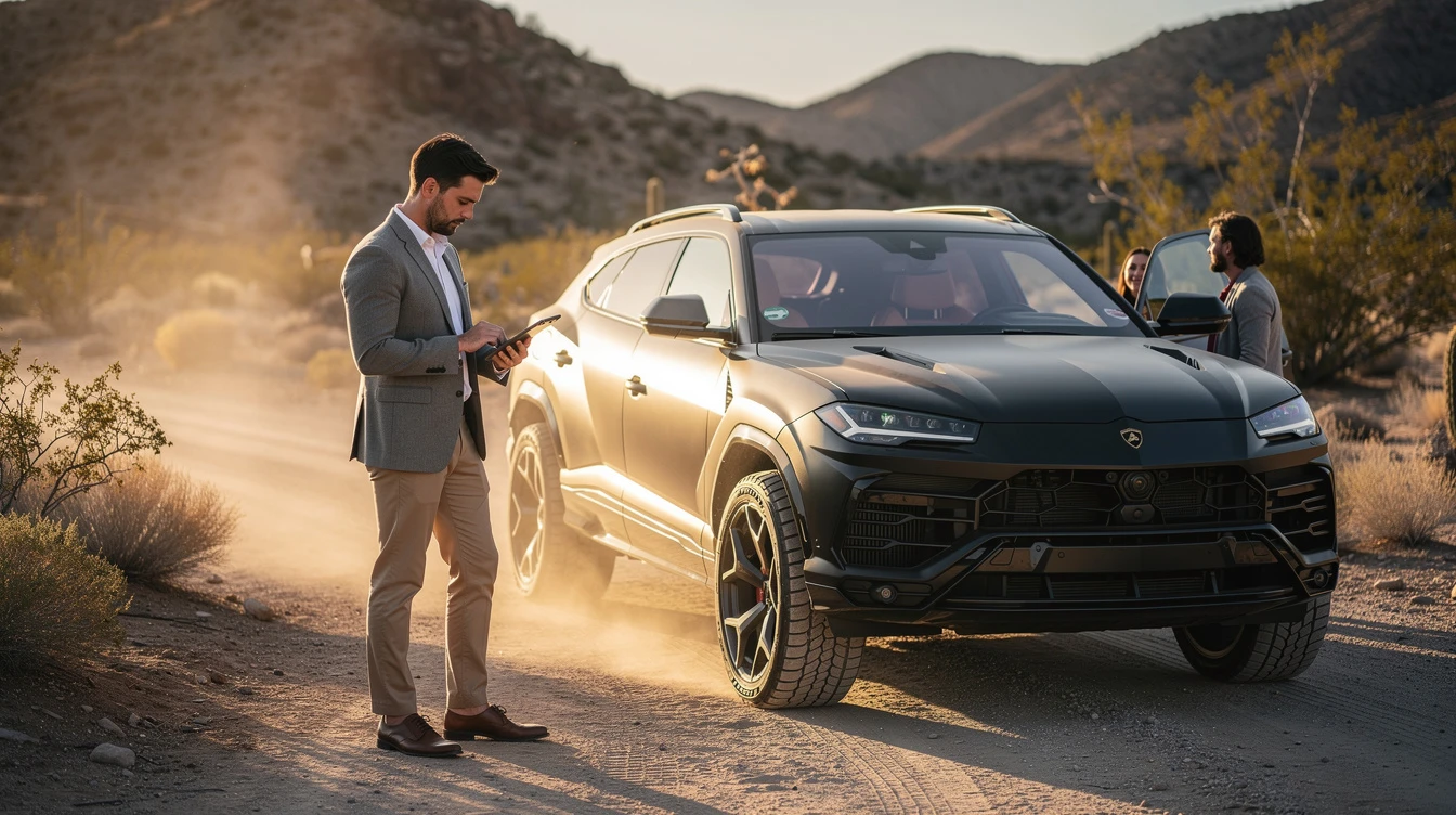 Businessman examining elevated SUV with tablet in desert landscape, exotic car insurance concept