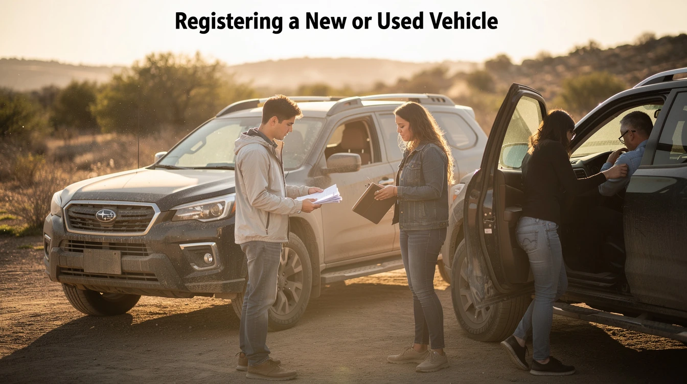 Young man reviewing vehicle registration documents with woman outdoors near Subaru and cars.
