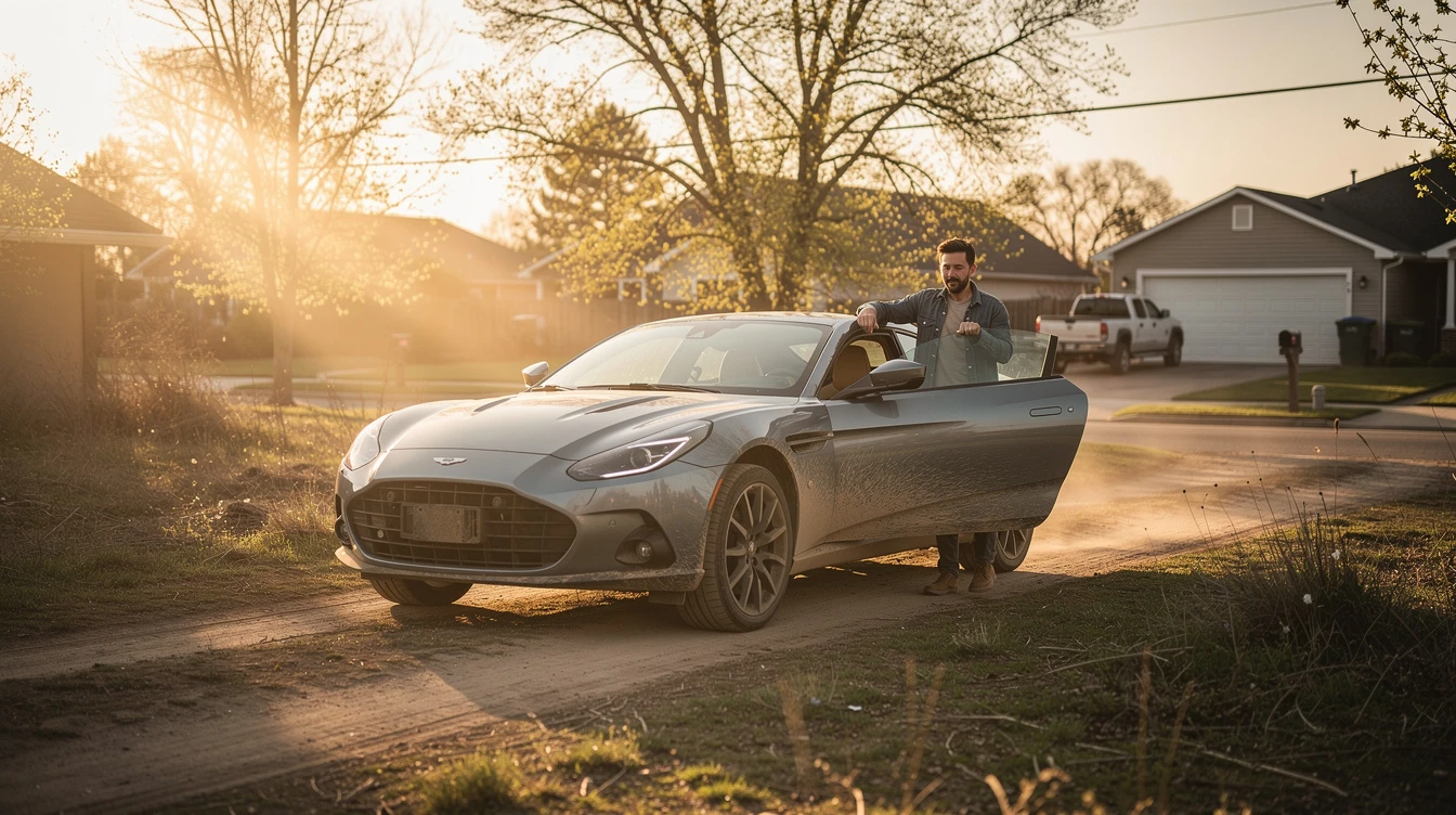 Man leaning against silver sports car in suburban driveway at sunset, practical daily driver concept