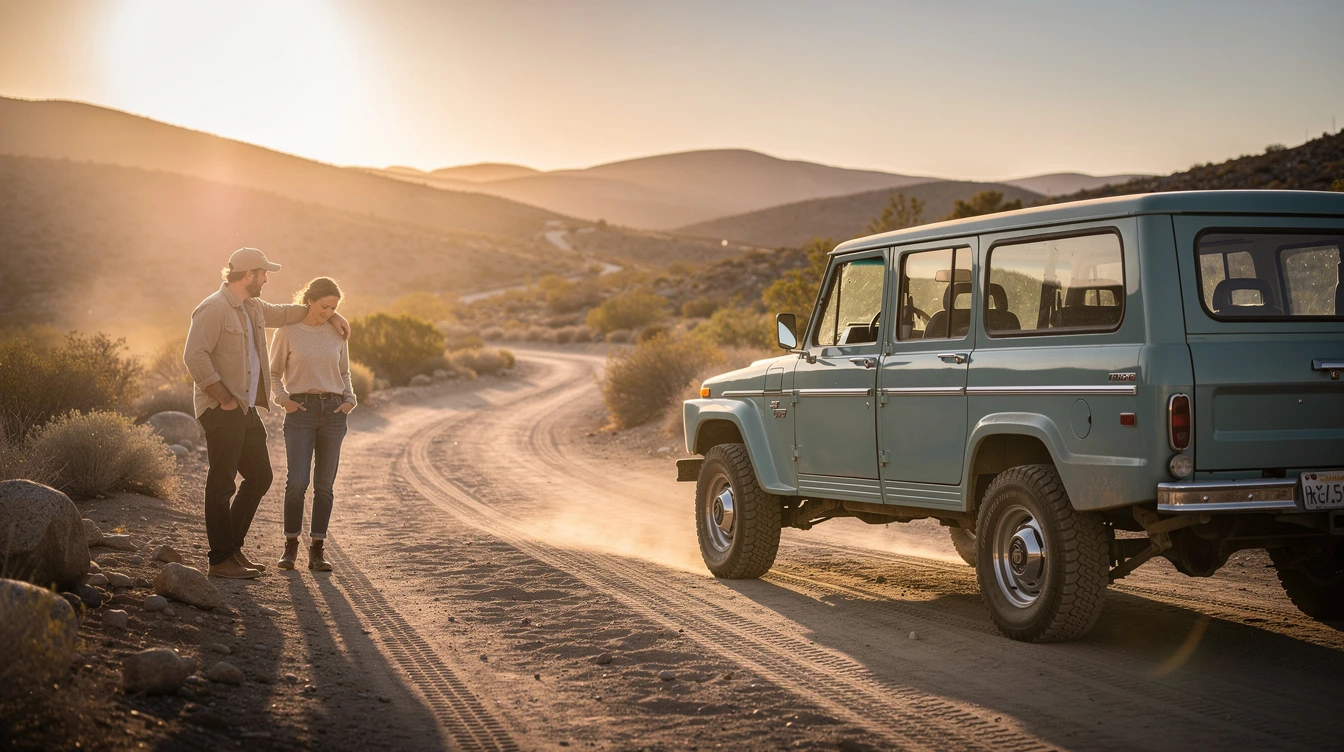 Couple examining classic Land Rover on desert road, addressing antique vehicle title and registration solutions for vintage