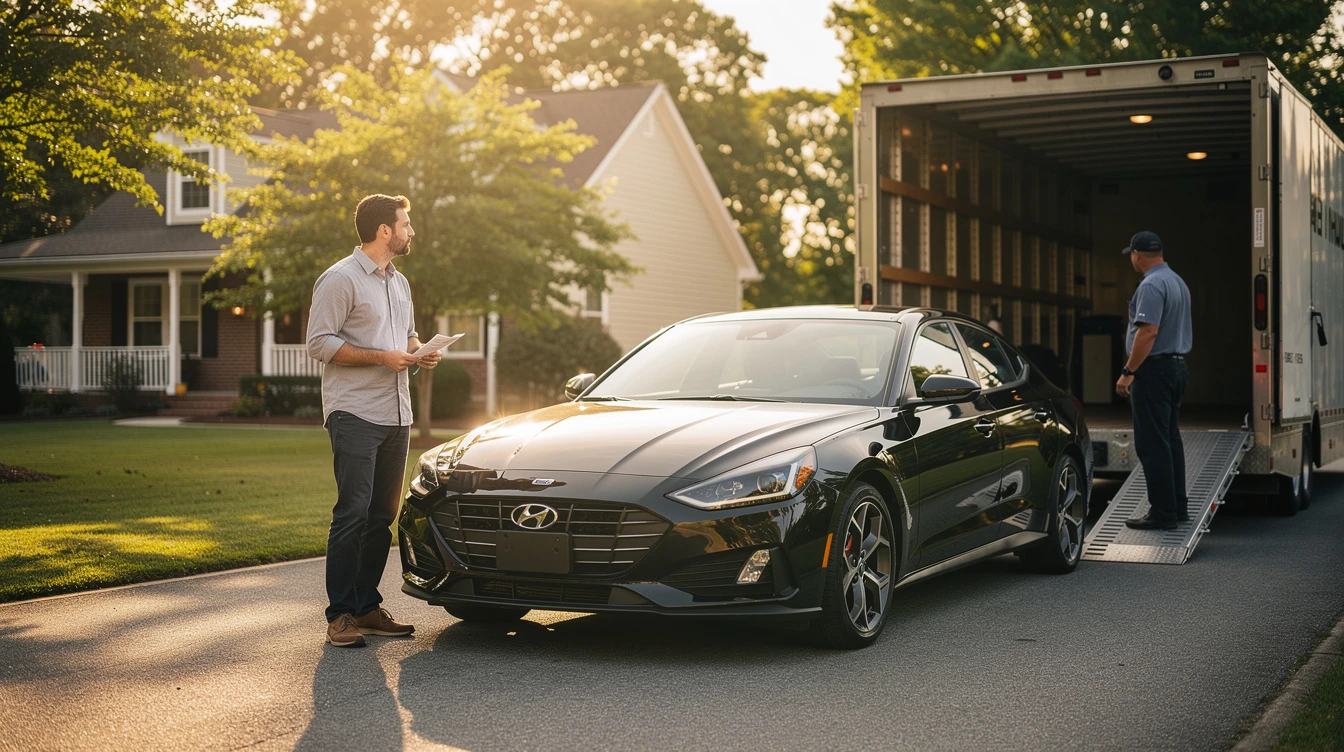 Man receiving black Hyundai sedan from delivery truck at residential driveway, North Carolina vehicle registration concept