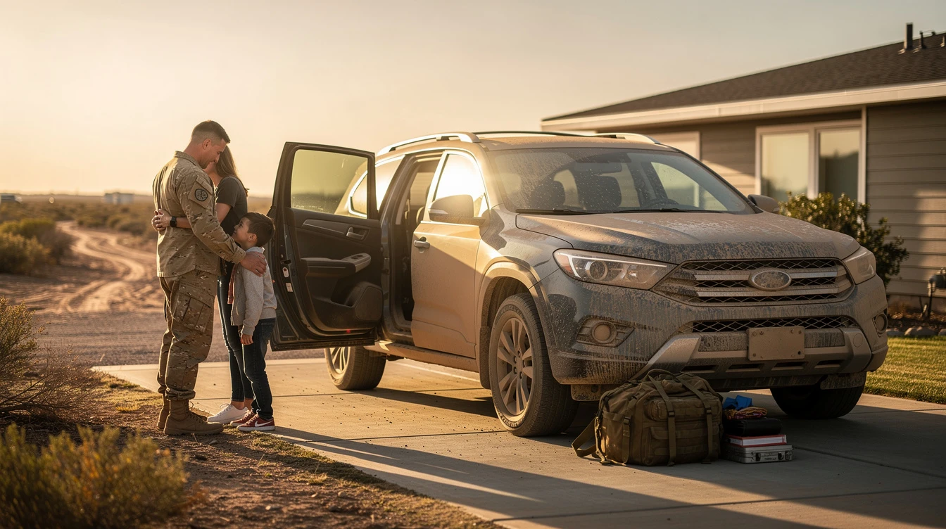 Military service member saying goodbye to child at SUV before deployment