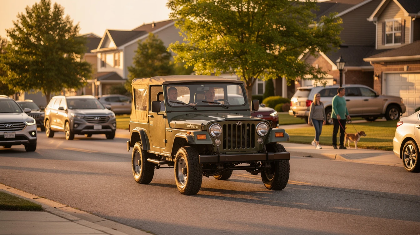 Mahindra Roxor parked on residential suburban street during golden hour with homes and pedestrians in background