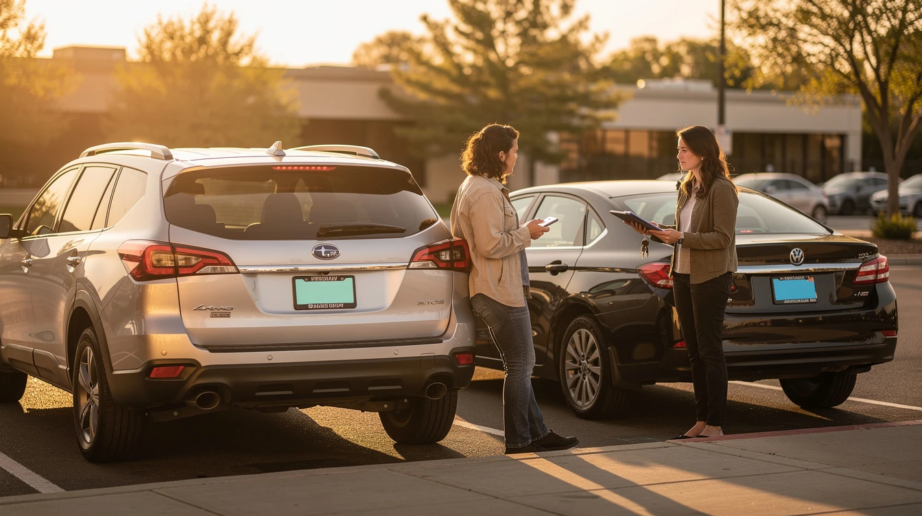 Two women discussing Montana car registration and LLC vehicle ownership in a parking lot with white and black sedans.