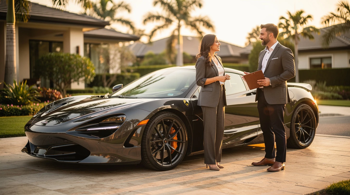 Professional couple discussing elevated exotic car sale in driveway of upscale home with palm trees