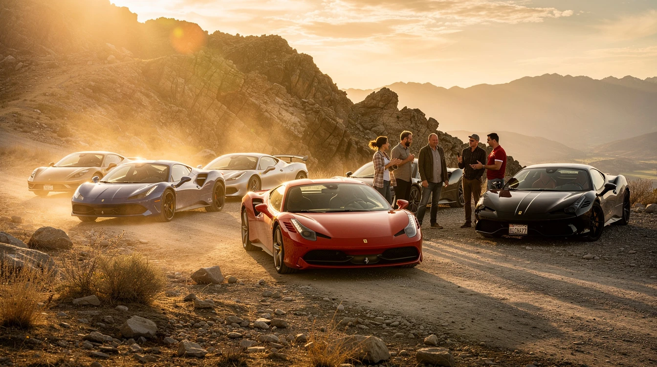 Multiple elevated Ferrari sports cars displayed at scenic mountain overlook with enthusiasts comparing exotic vehicles