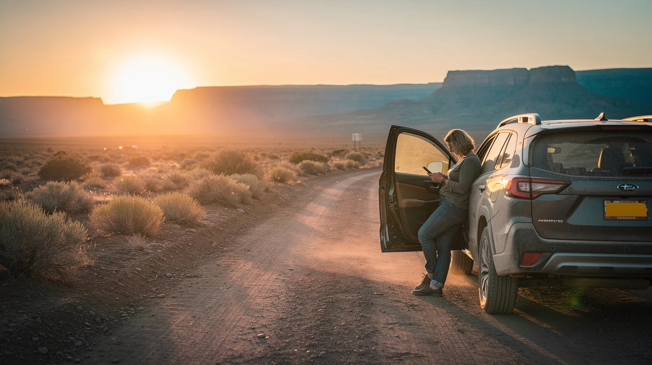 Woman standing by SUV in desert at sunset, planning vehicle registration renewal trip