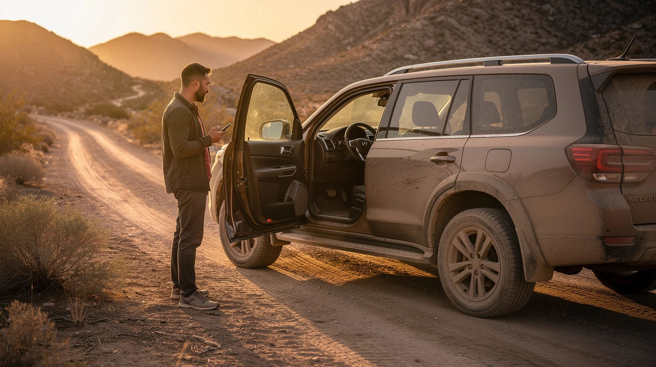 Man checking vehicle history on phone beside open door SUV in desert landscape at sunset