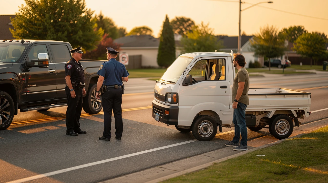 Police officers conducting traffic stop on white Japanese mini truck on public street