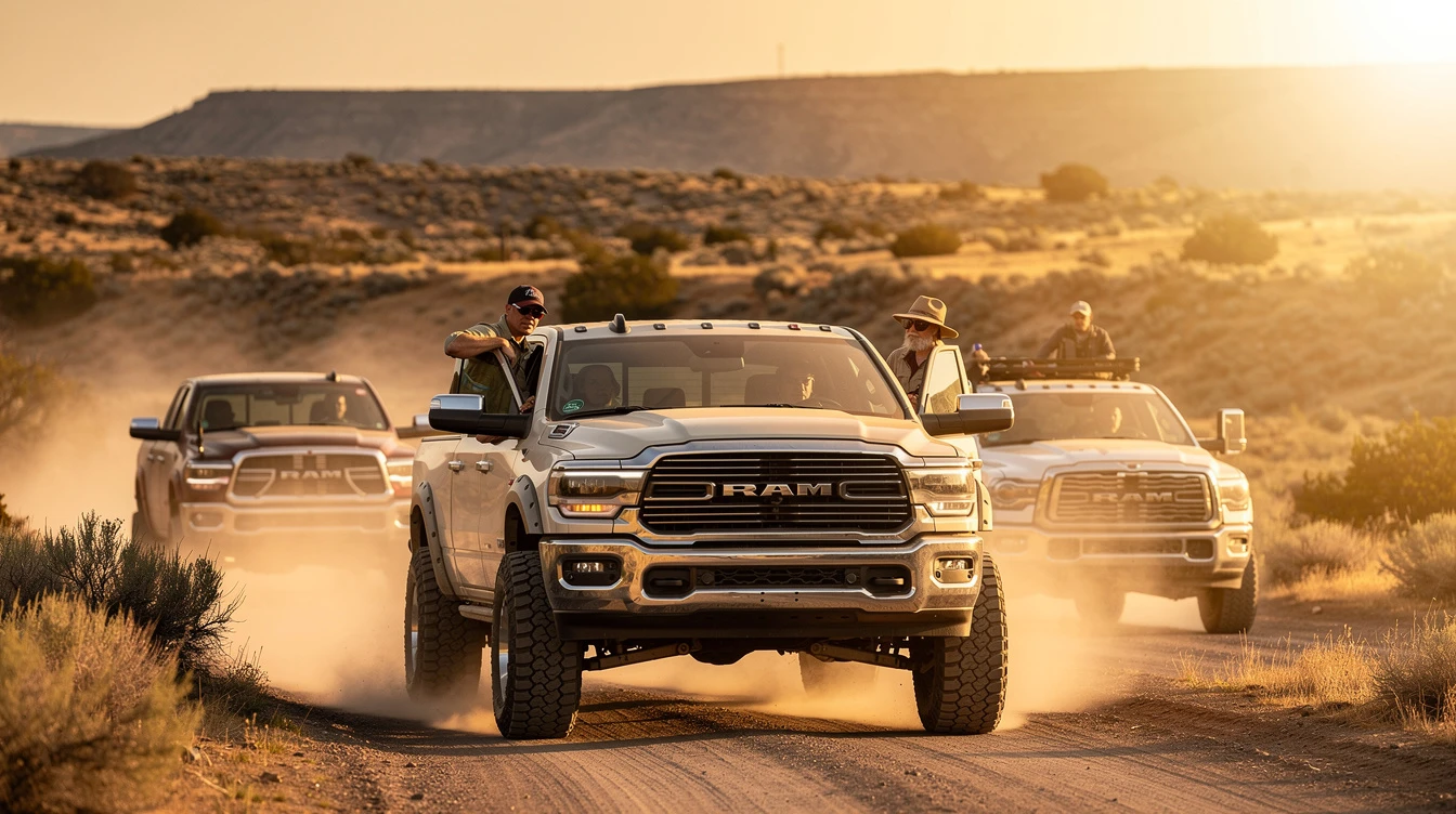 Three RAM pickup trucks driving on dusty desert road, illustrating full-size American truck market dominance versus absent