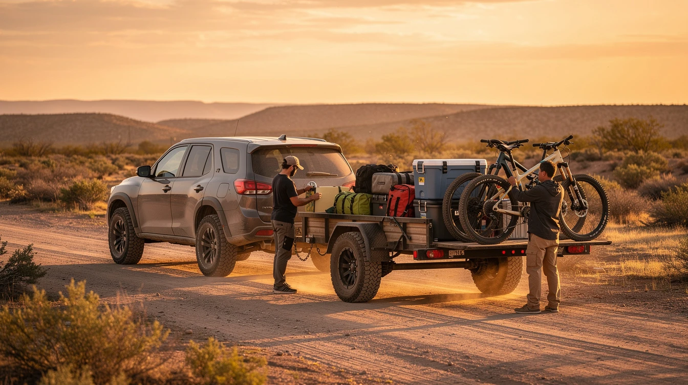 SUV towing loaded adventure trailer with bikes in desert landscape demonstrating proper trailer weight distribution