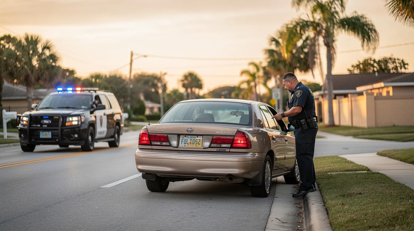 Police officer conducting traffic stop on tan sedan during sunset in residential Florida street neighborhood.