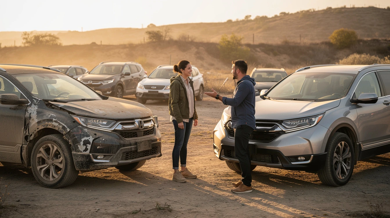 Man and woman discussing damaged Honda CR-V at salvage lot comparing clean versus salvage title vehicles