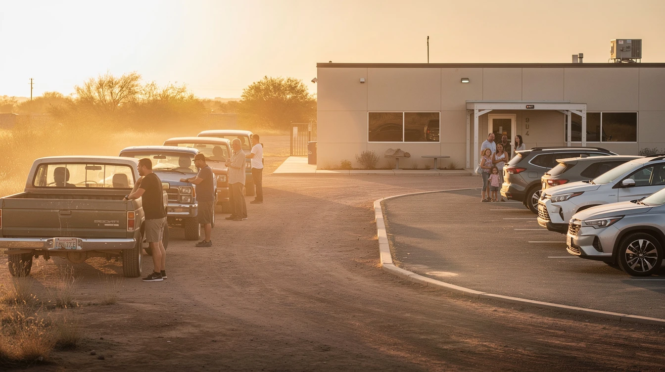 Vehicles parked at rural registration facility during golden hour
