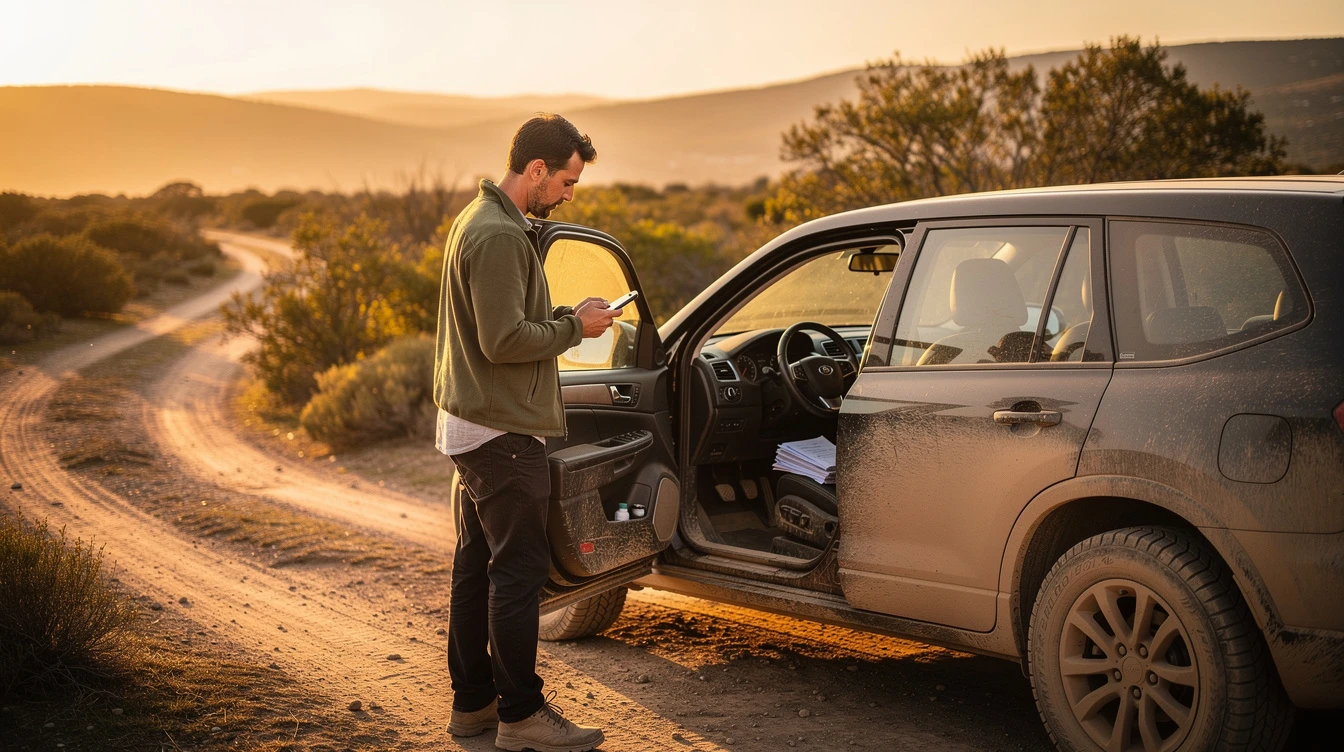 Man holding documents by car on dusty road, representing vehicle registration and renewal requirements.