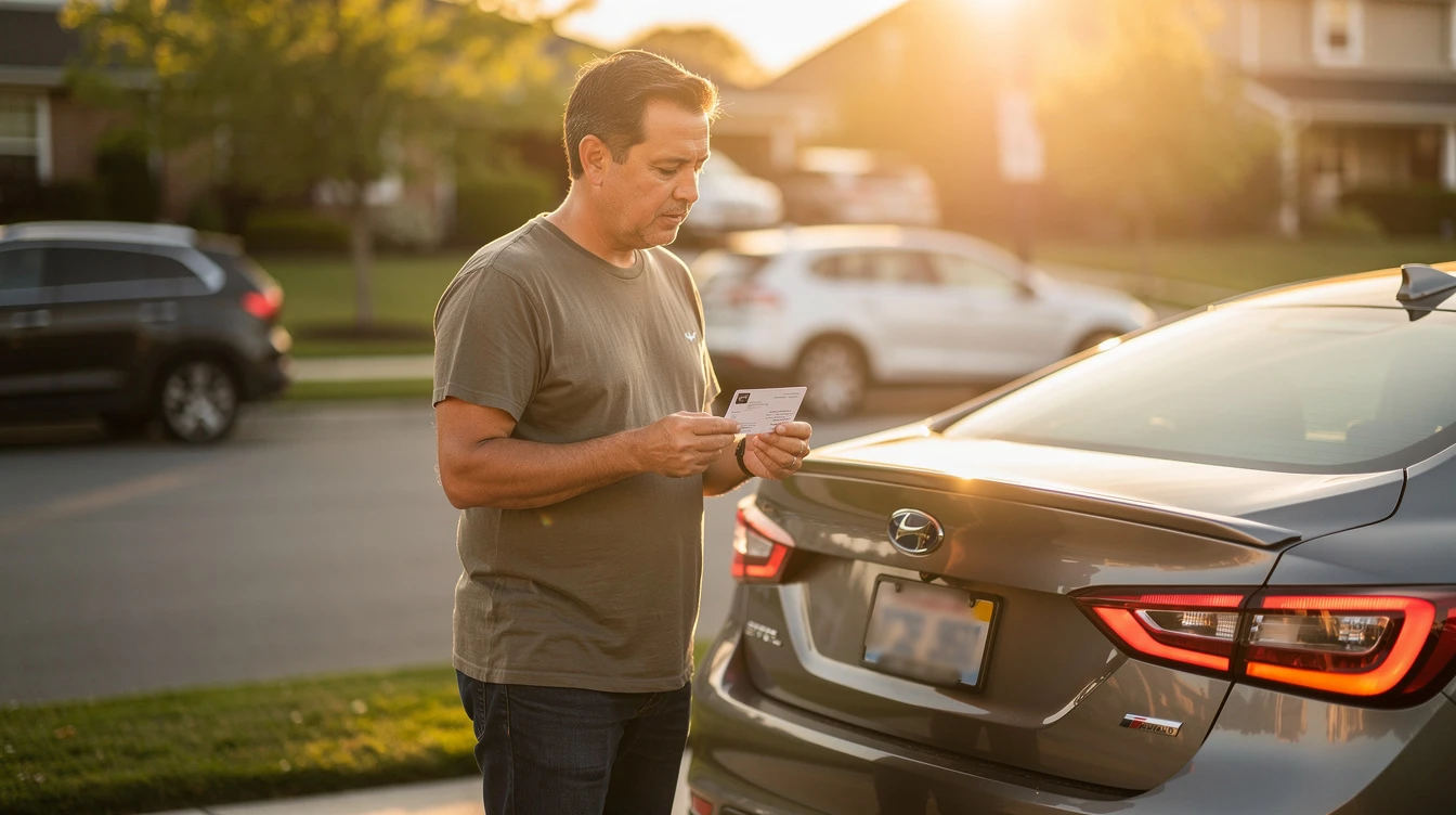 Man examining vehicle registration document outdoors next to Toyota SUV at sunset in rural landscape