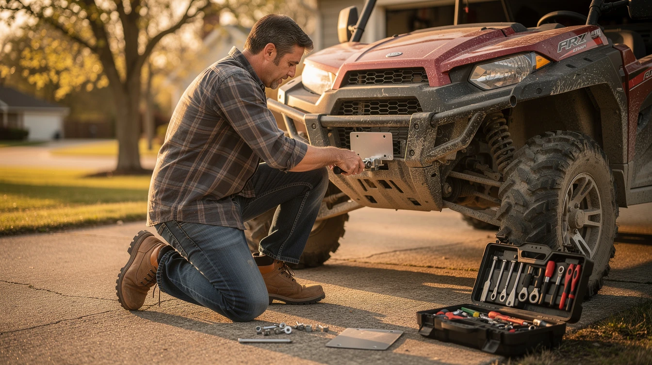 Man installing front license plate holder on red ATV in driveway with tools and hardware kit visible