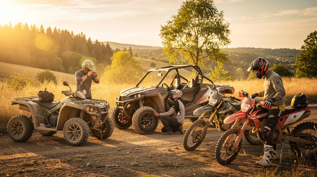 Bright green ATV with black storage box parked outdoors, ready for summer off-road adventures and recreational riding