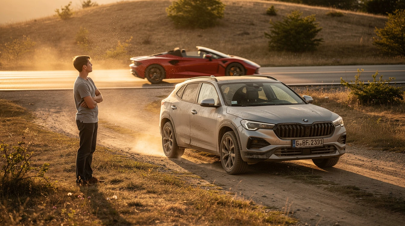 Man observing white BMW X1 compact SUV on dusty road with red sports car, entry-level German automobile