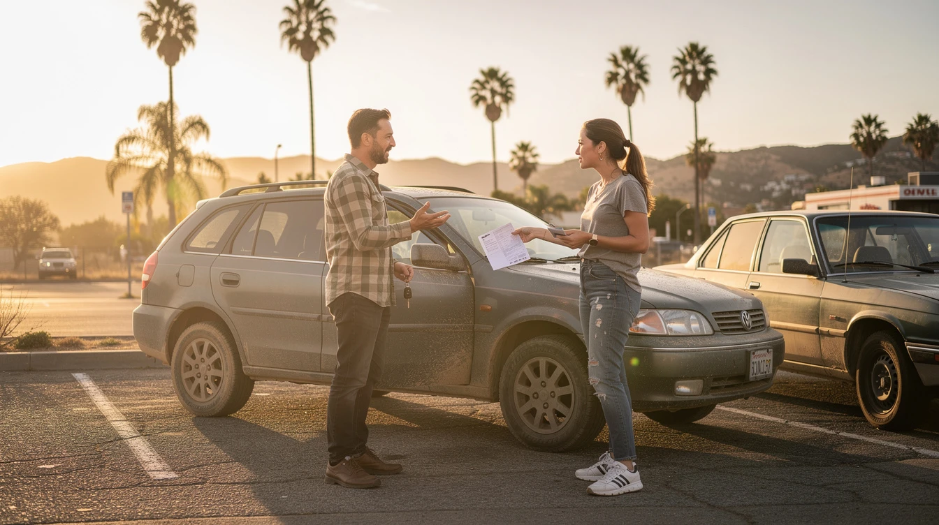 Man and woman discussing used car purchase in parking lot with California palm trees and hills in background