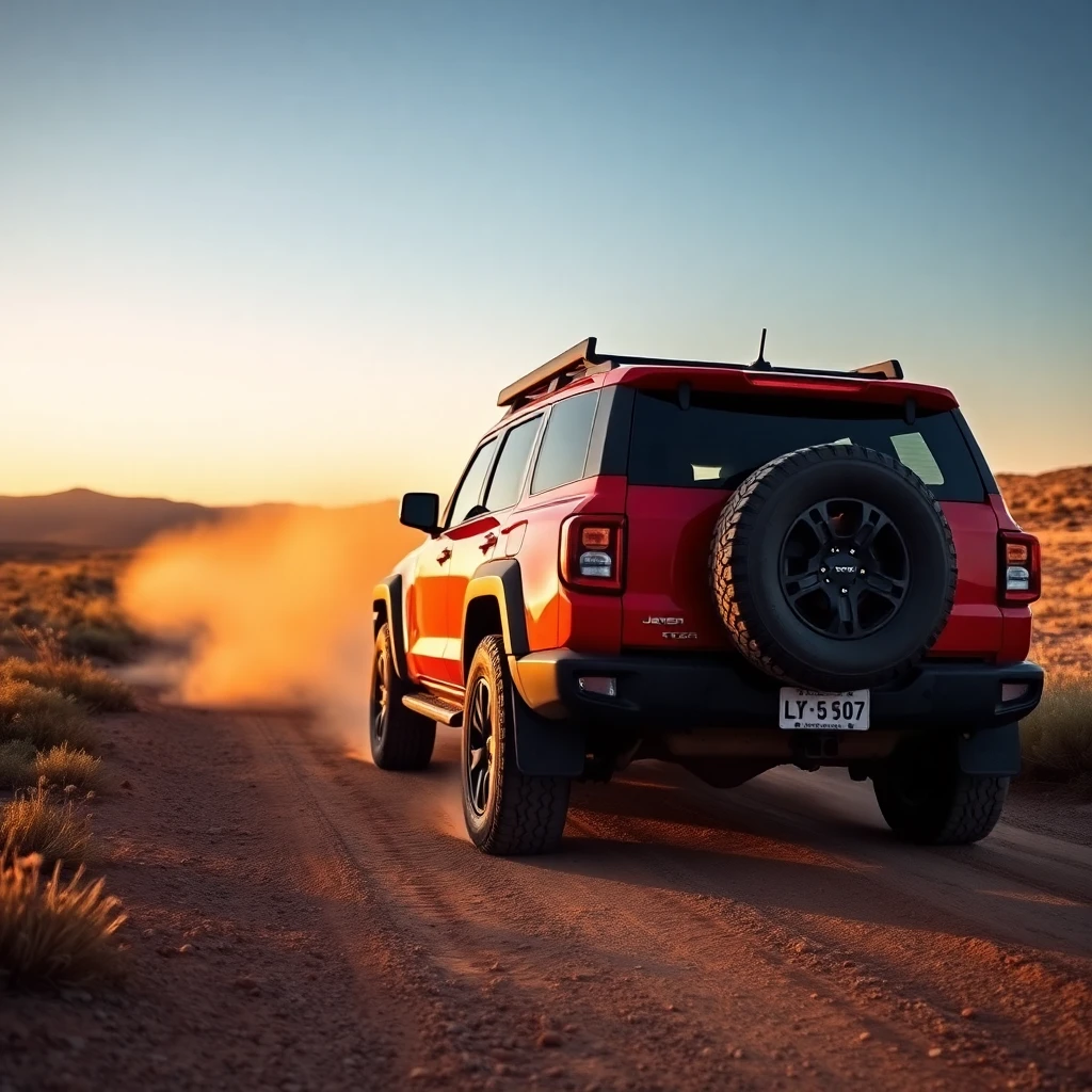Red SUV driving on dusty desert road at sunset, illustrating vehicle ownership and dealership documentation concepts.