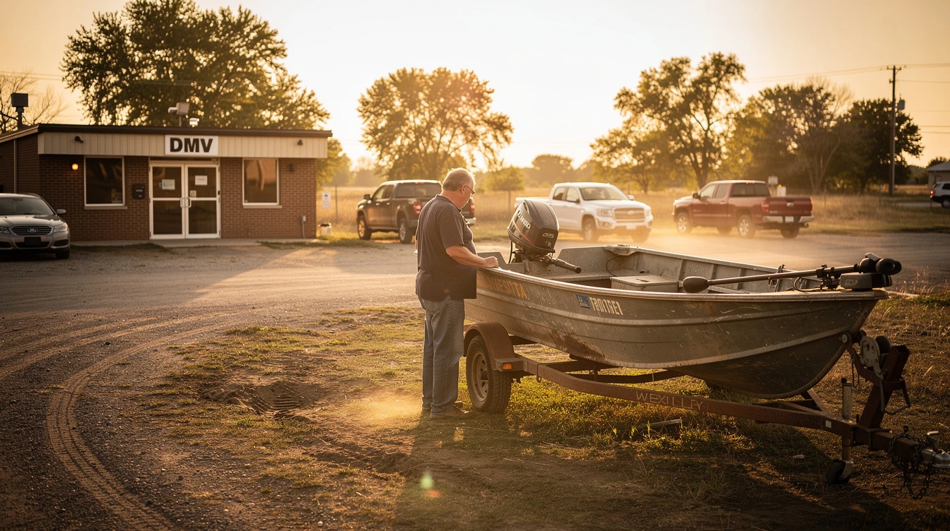 Man examining fishing boat on trailer at DMV office for title and registration in Minnesota