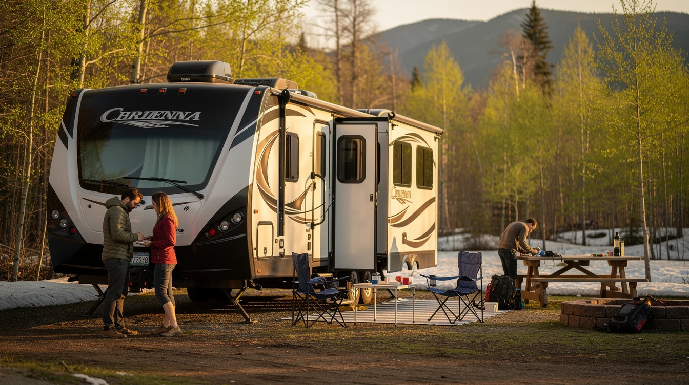 Family camping at scenic campground with Chrienna travel trailer