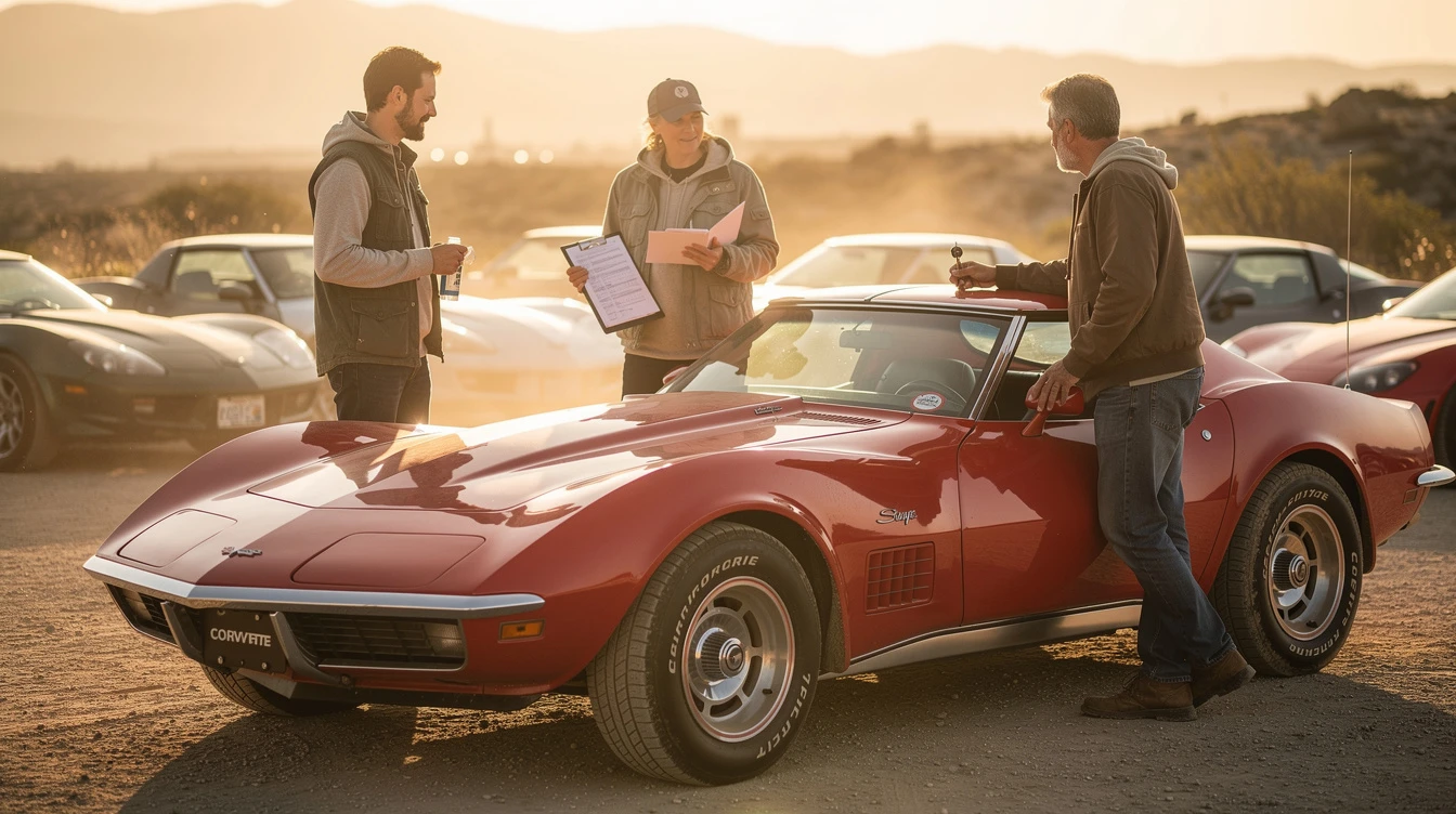 Three people reviewing vehicle paperwork beside a red classic Corvette at sunset, representing title transfers, vehicle registration, and private car sales assistance.