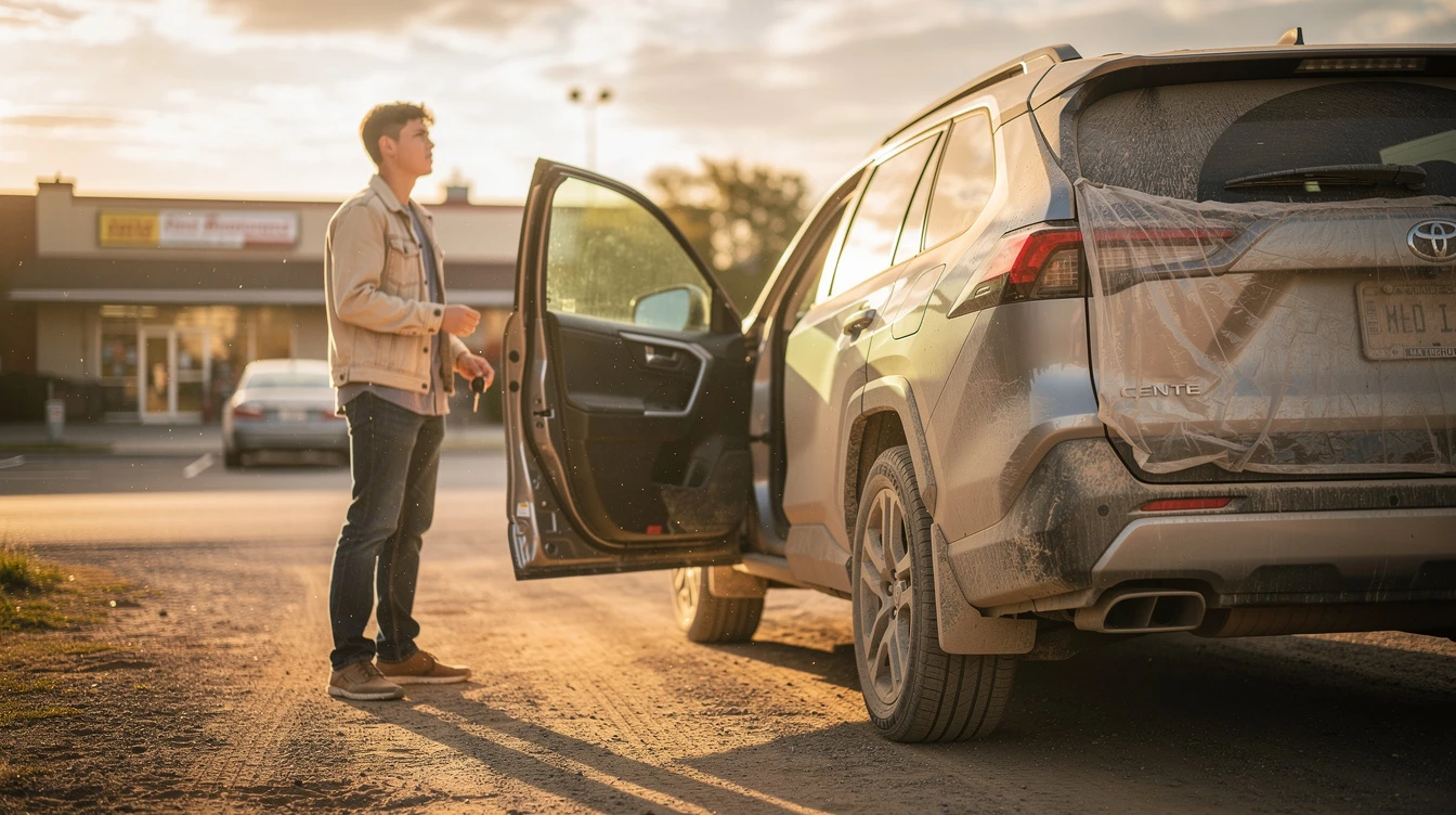 Man standing beside dusty Toyota with open door in parking lot, temporary tag visible on vehicle