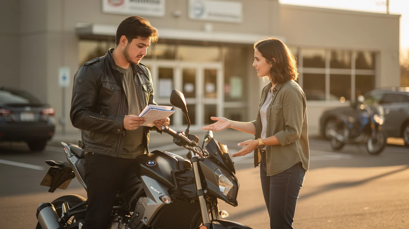 Motorcyclist riding blue and black bike on open road at sunset