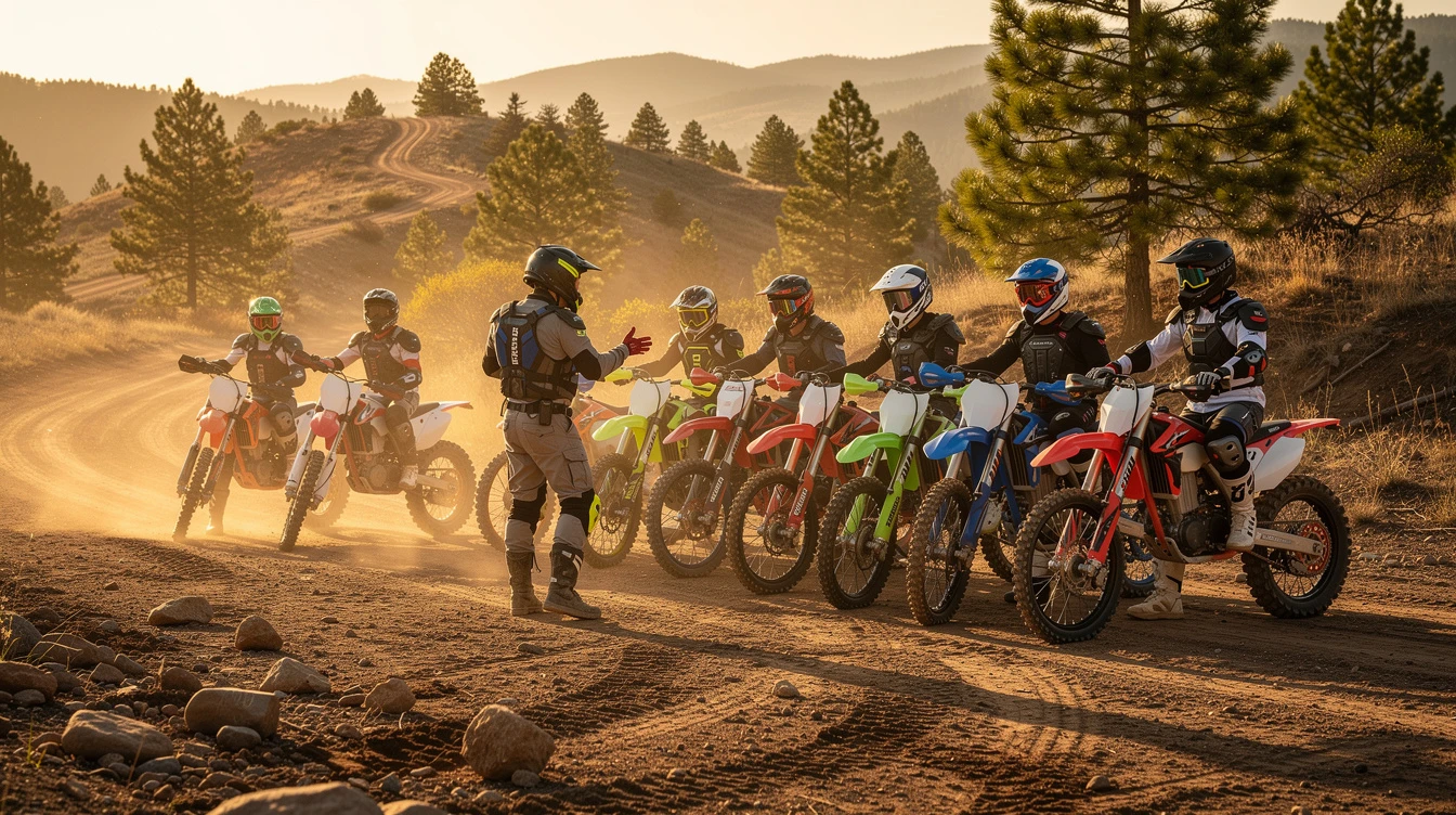 Young dirt bike rider in protective gear navigating training cones on sandy track