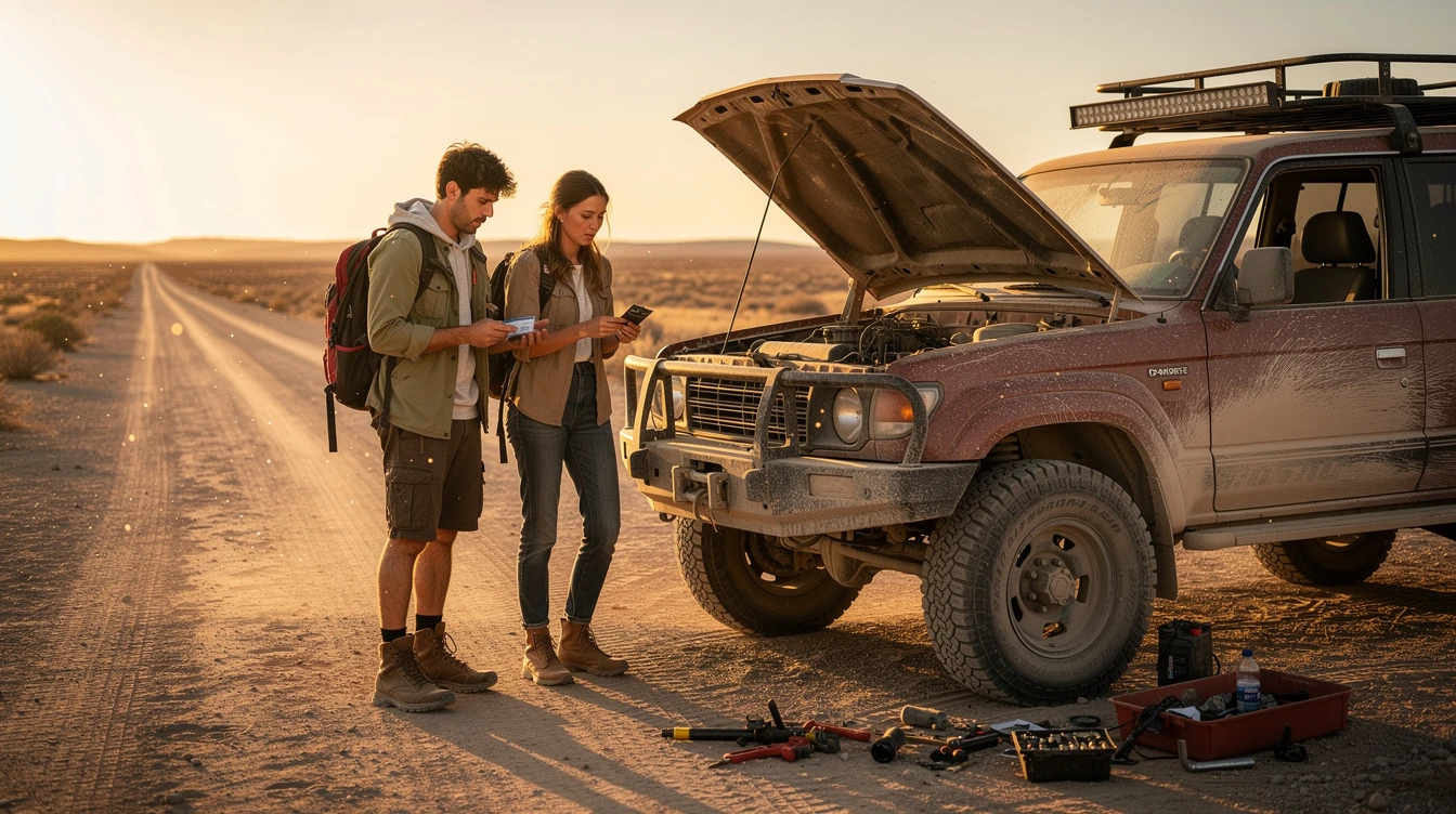 Two travelers examine truck engine on remote desert road during breakdown, addressing vehicle protection and roadside costs
