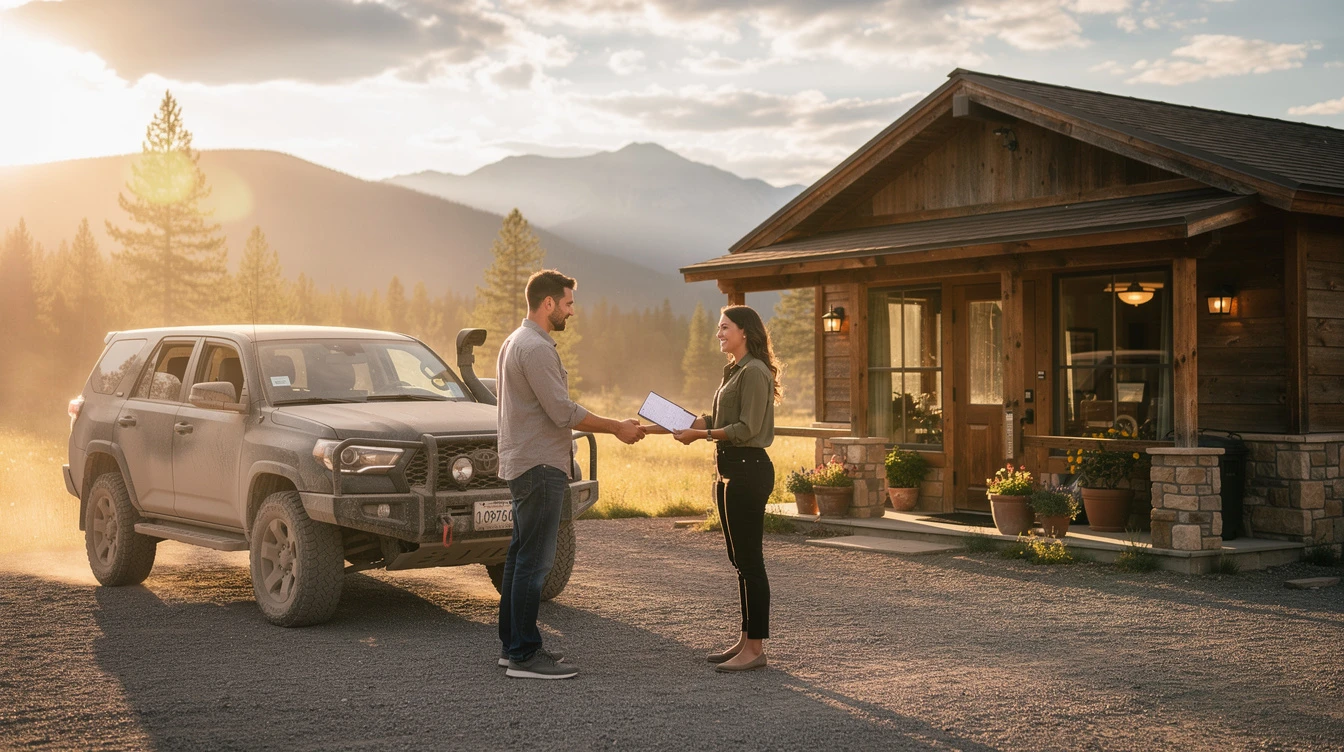 Man and woman exchanging documents beside SUV at mountain cabin