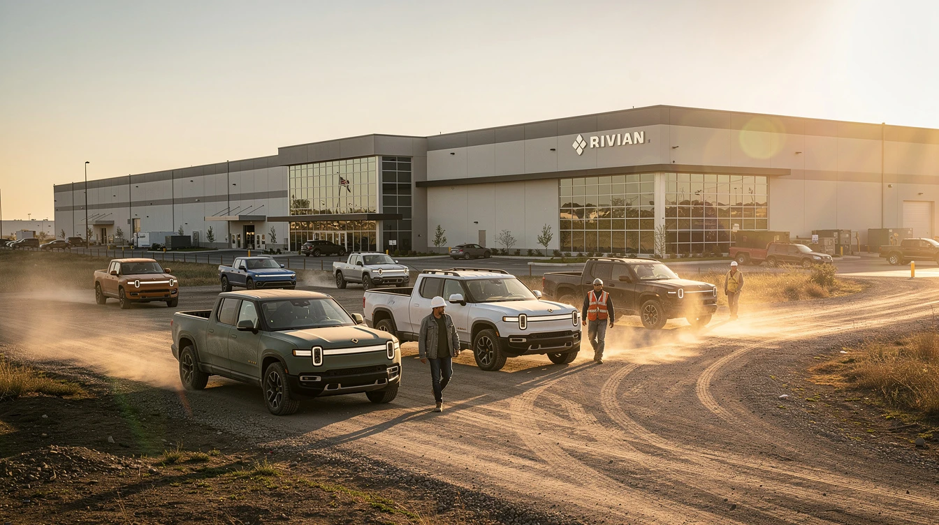 Rivian electric trucks and SUVs displayed outside Illinois manufacturing facility at sunset with dust clouds