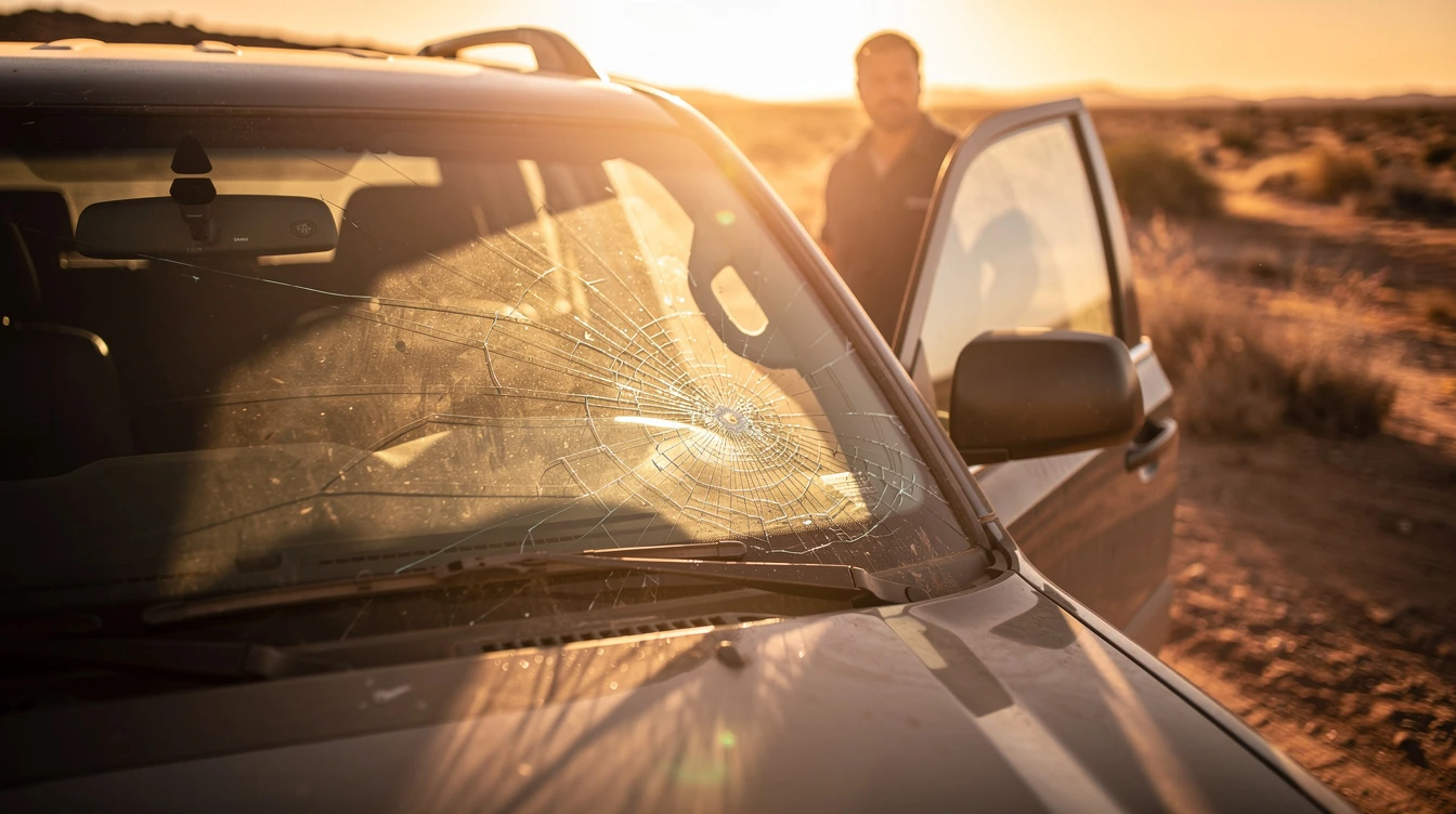 Cracked windshield on damaged car in desert landscape during sunset, showing heat damage risks
