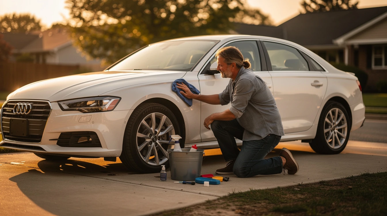 Man washing white Audi sedan in driveway, demonstrating stress-relieving car detailing and maintenance routine