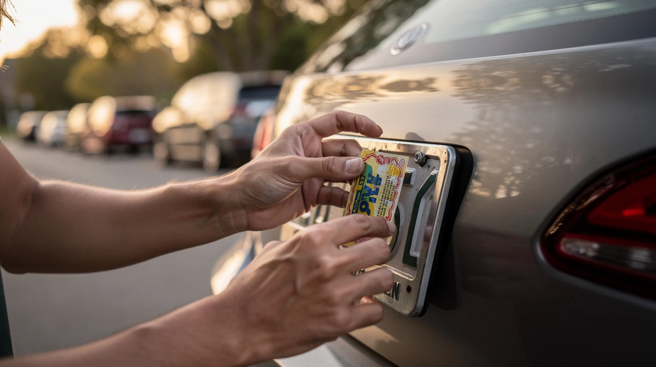 Person applying new car registration sticker to vehicle windshield in driveway with parked cars visible behind.