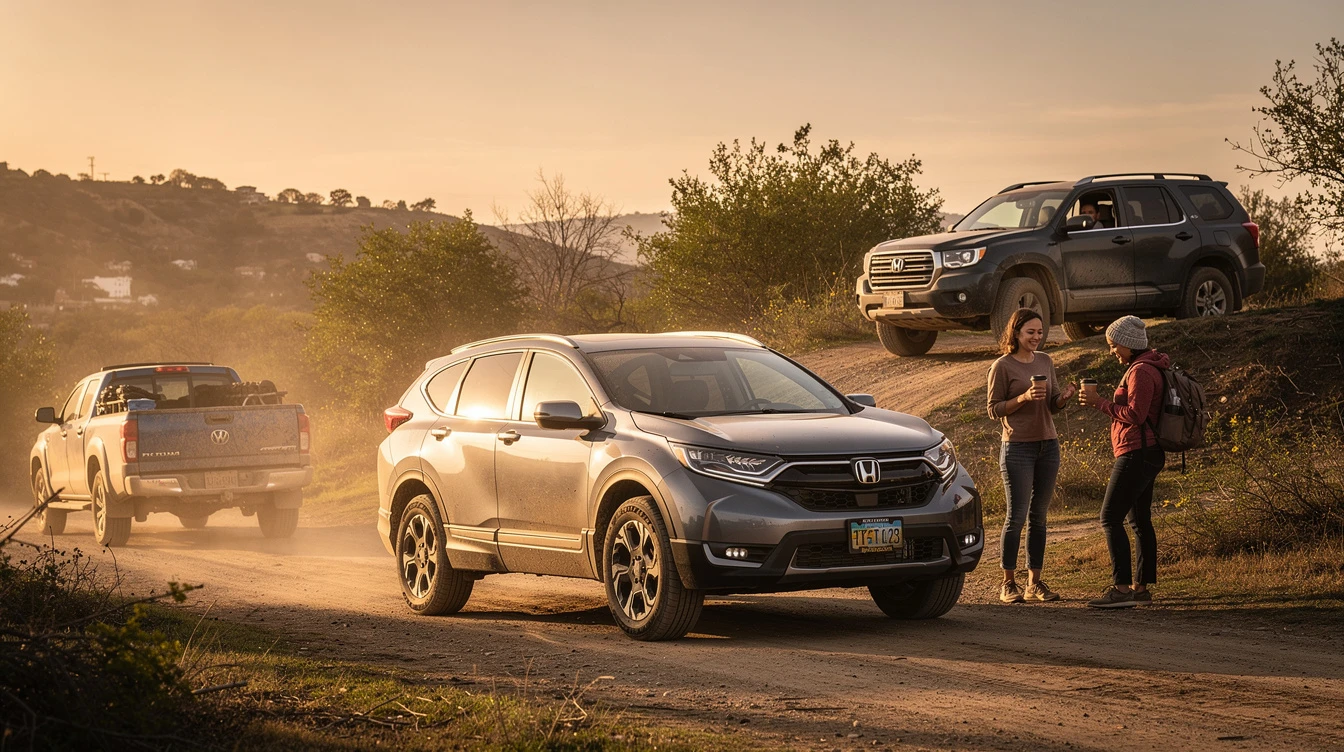 Honda CR-V SUV parked on dusty dirt road with people and other vehicles during golden hour outdoor adventure.