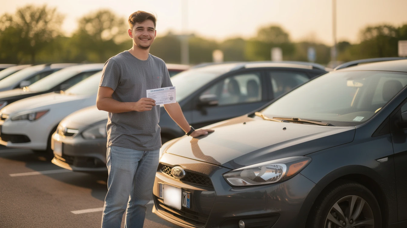 Young man holding car registration document at dealership lot with multiple vehicles parked in background