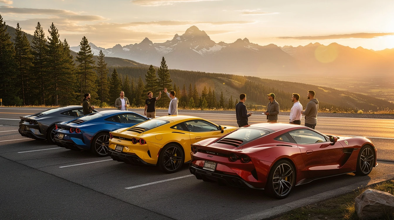 Elevated supercars lined up on mountain road showcasing why owners register vehicles in Montana for tax benefits