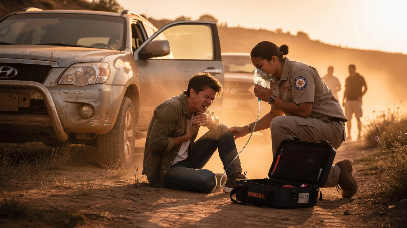 Ranger paramedic examining dust-exposed boy after motor vehicle accident in desert terrain