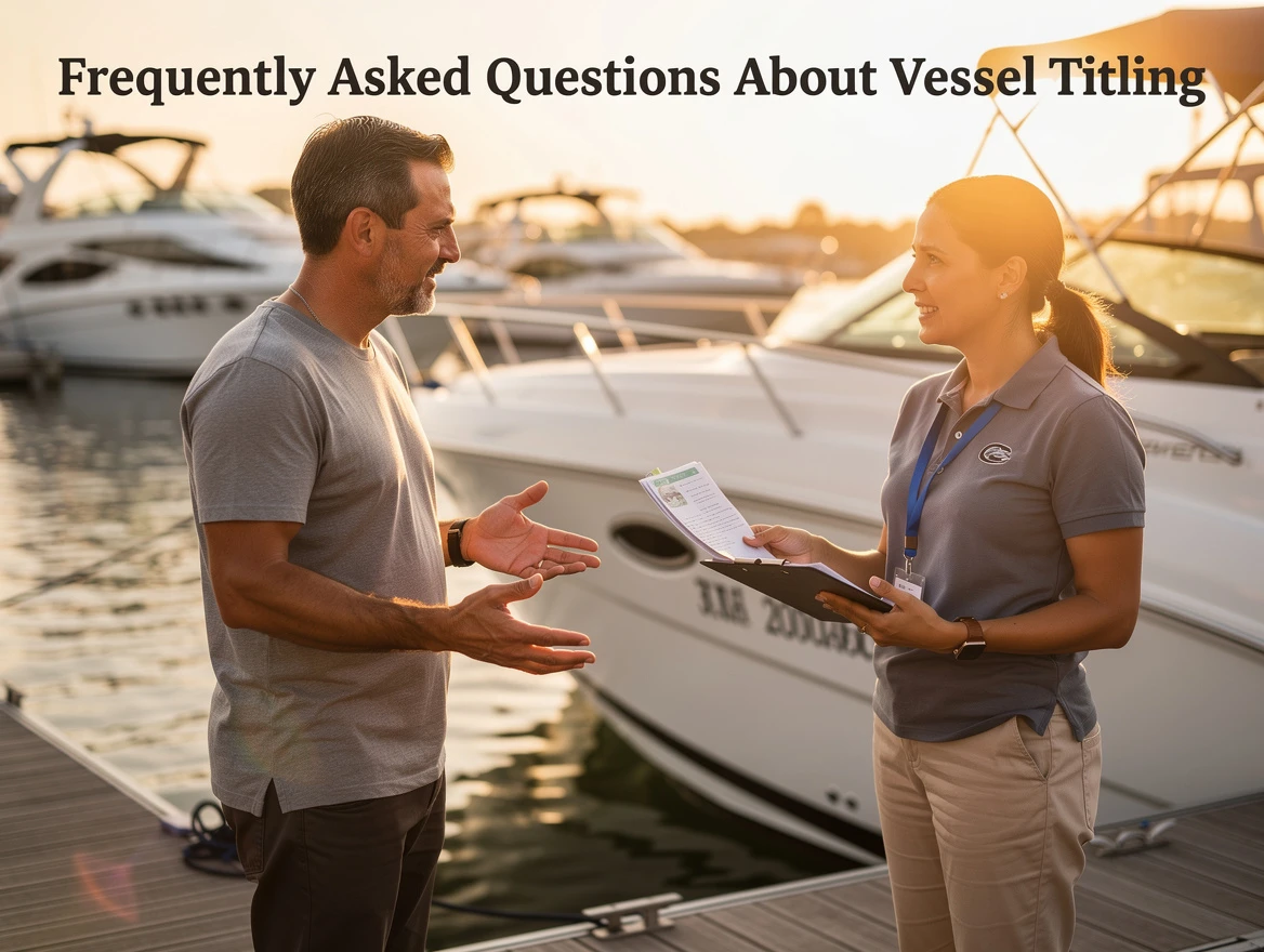 Marina staff member discussing vessel titling and registration documents with boat owner at sunset dock