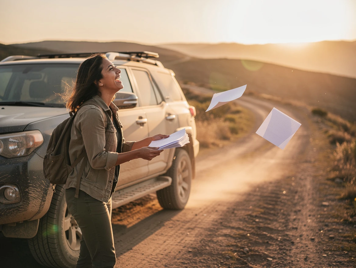 Woman with map standing beside SUV on desert road at sunset, planning adventure travel
