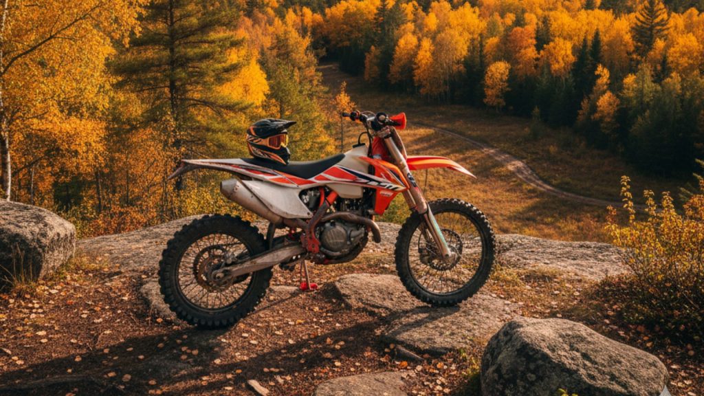 Red and white dirt bike with helmet parked on rocky forest trail surrounded by golden autumn trees and evergreens