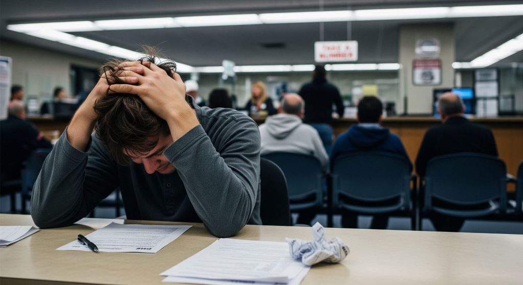 Stressed person at DMV counter holding head with paperwork, representing vehicle registration deadline pressure and need