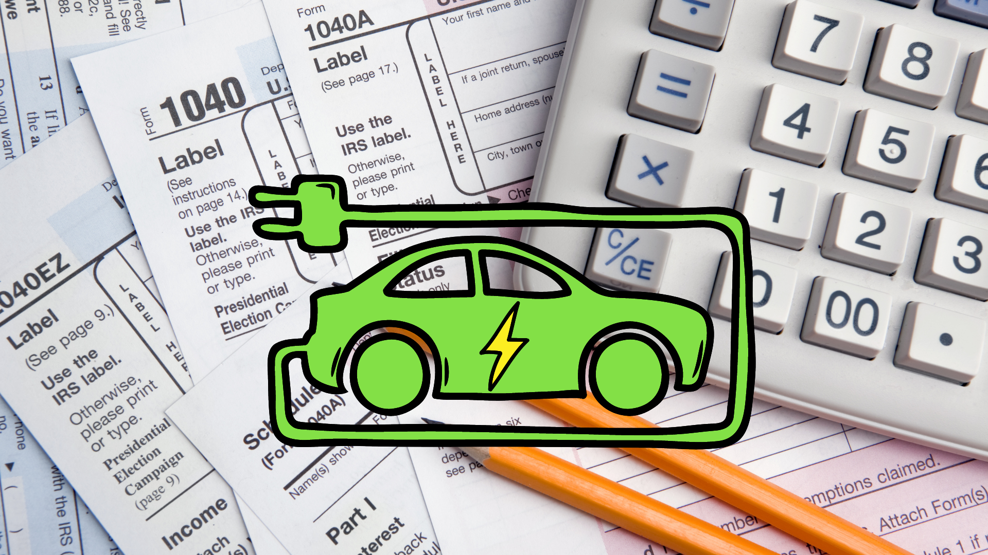 Electric vehicle with charging cable on tax forms and calculator showing EV tax credit eligibility requirements