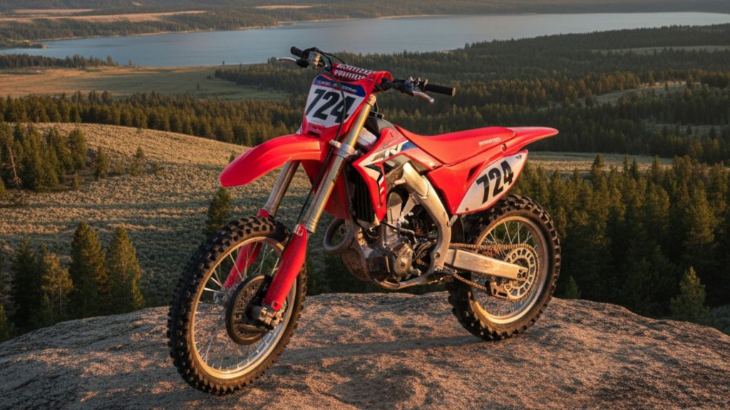Red dirt bike with number 724 plate positioned on rocky outcrop overlooking forested landscape and lake